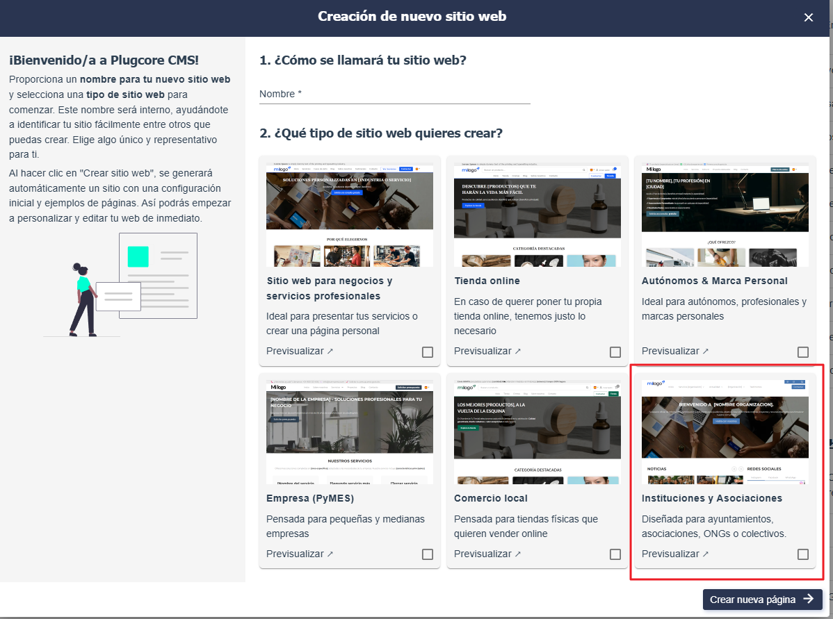 Pantalla de creación de nuevo sitio web en Plugcore 2.11.0 con la plantilla Instituciones y Asociaciones seleccionada