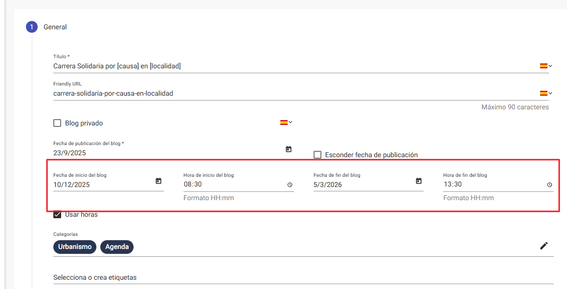 Pantalla de edición de blog en Plugcore 2.11.0 mostrando los campos necesarios para la plantilla de agenda