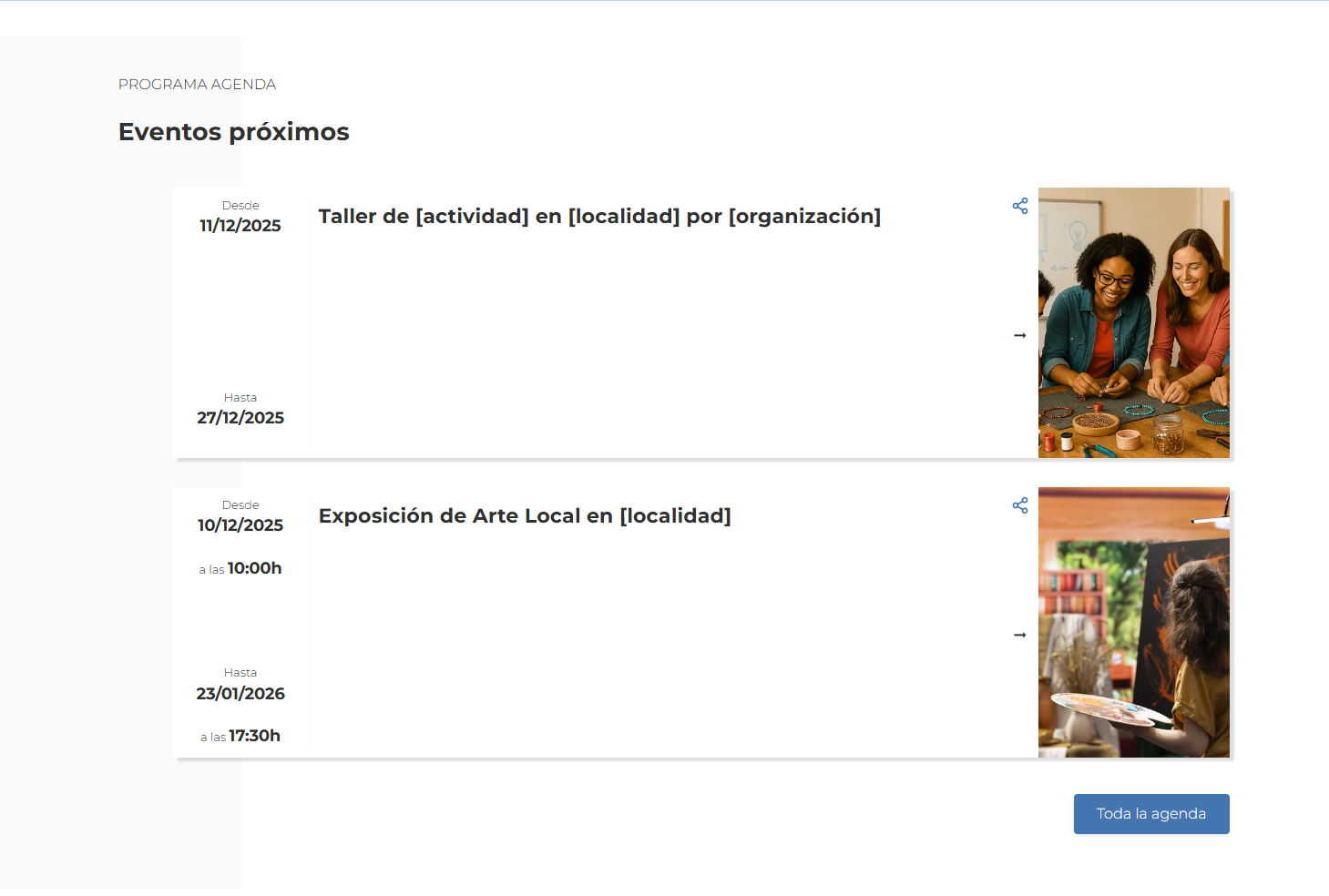 Vista pública de la plantilla de agenda de blogs en Plugcore 2.11.0 mostrando los próximos blogs en formato calendario