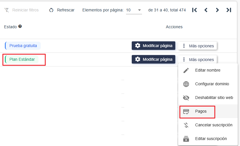 Menú de opciones de página web en Plugcore 2.12.0 mostrando el nuevo botón de acceso a Pagos