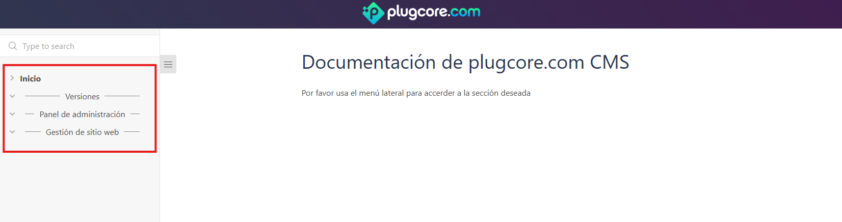 Vista general de la nueva estructura de documentación de Plugcore 2.12.0 con las tres secciones principales
