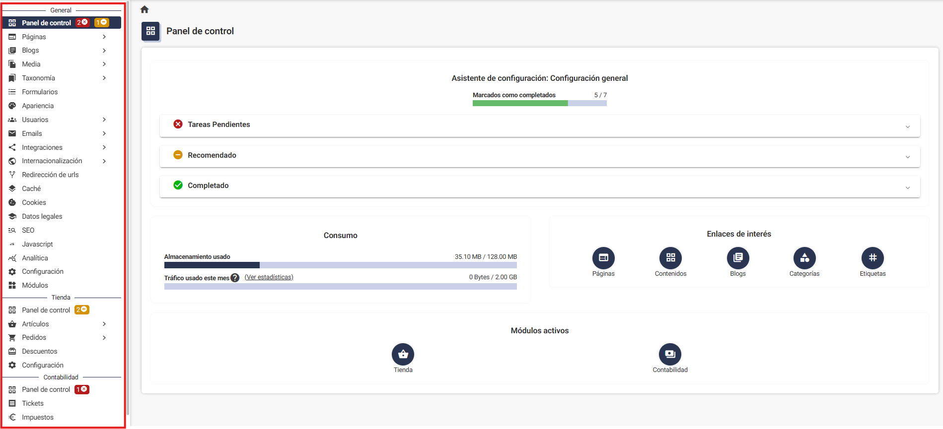 Detalle de la sección Gestión de sitio web en la documentación de Plugcore 2.12.0 mostrando las subcategorías General, Tienda y Contabilidad