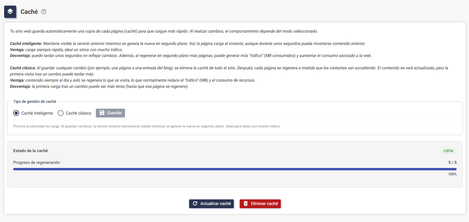 Selector de modo de caché en la configuración de Plugcore 2.13.0 Panel de configuración del sistema de caché en Plugcore 2.13.0 mostrando las opciones disponibles