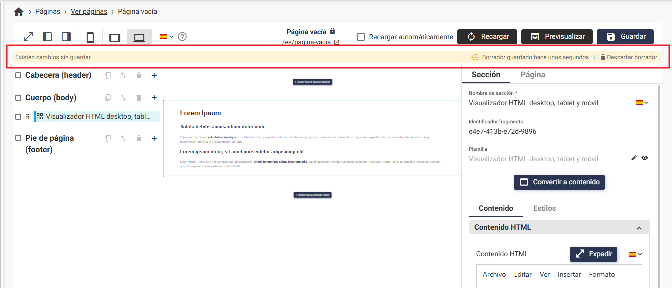Indicador de modo borrador en el editor de páginas de Plugcore 2.13.0 Interfaz del editor de Plugcore 2.13.0 mostrando el aviso de modo borrador activo