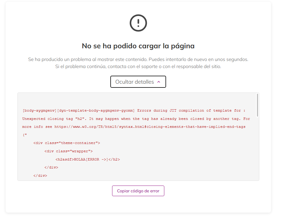 Vista de detalles técnicos del error en Plugcore 2.13.0 Detalle técnico expandido del error en Plugcore 2.13.0 para depuración