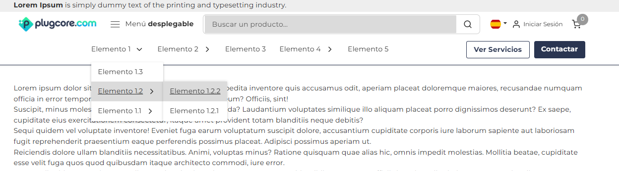 Vista del menú horizontal en escritorio en Plugcore 2.13.0 Menú horizontal en versión escritorio de Plugcore 2.13.0