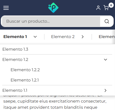 Vista del menú horizontal en dispositivos móviles en Plugcore 2.13.0 Menú horizontal en versión móvil y tablet de Plugcore 2.13.0 con desplazamiento horizontal