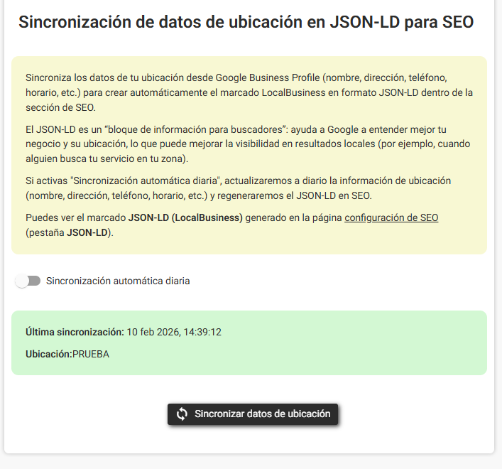 Configuración de Google My Business en Plugcore 2.15.0 Configuración de sincronización de Google My Business en Plugcore para generar JSON-LD