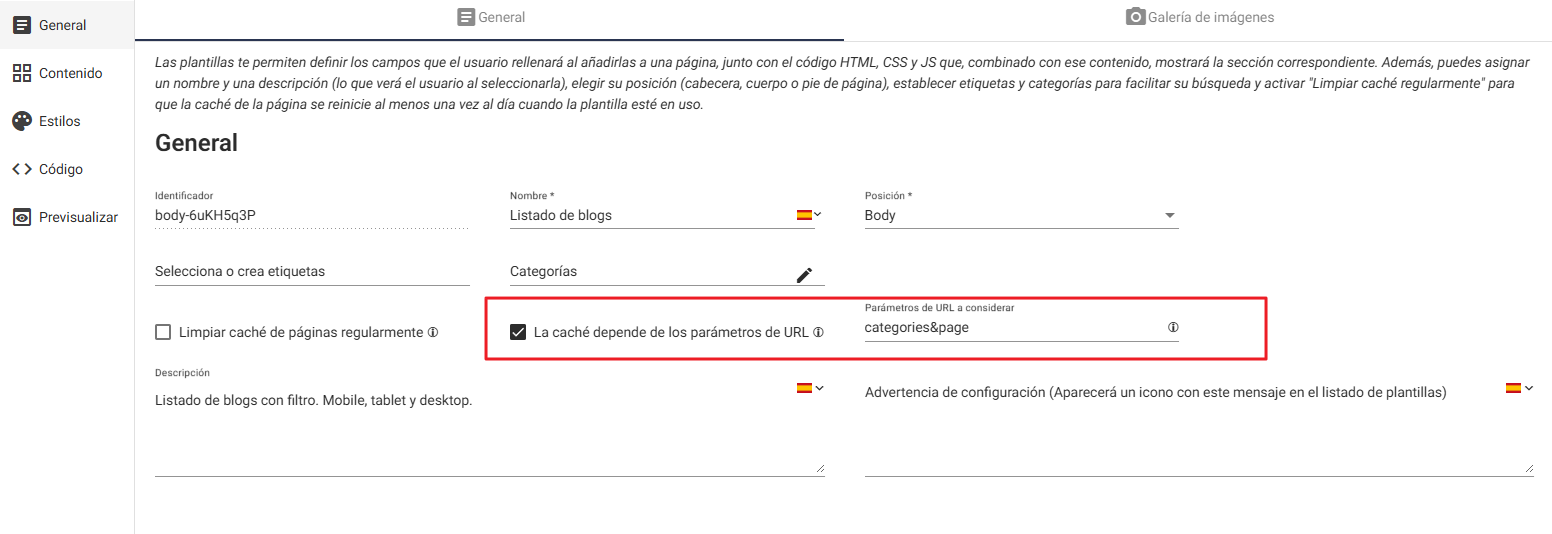 Configuración de parámetros de caché en la plantilla de Plugcore