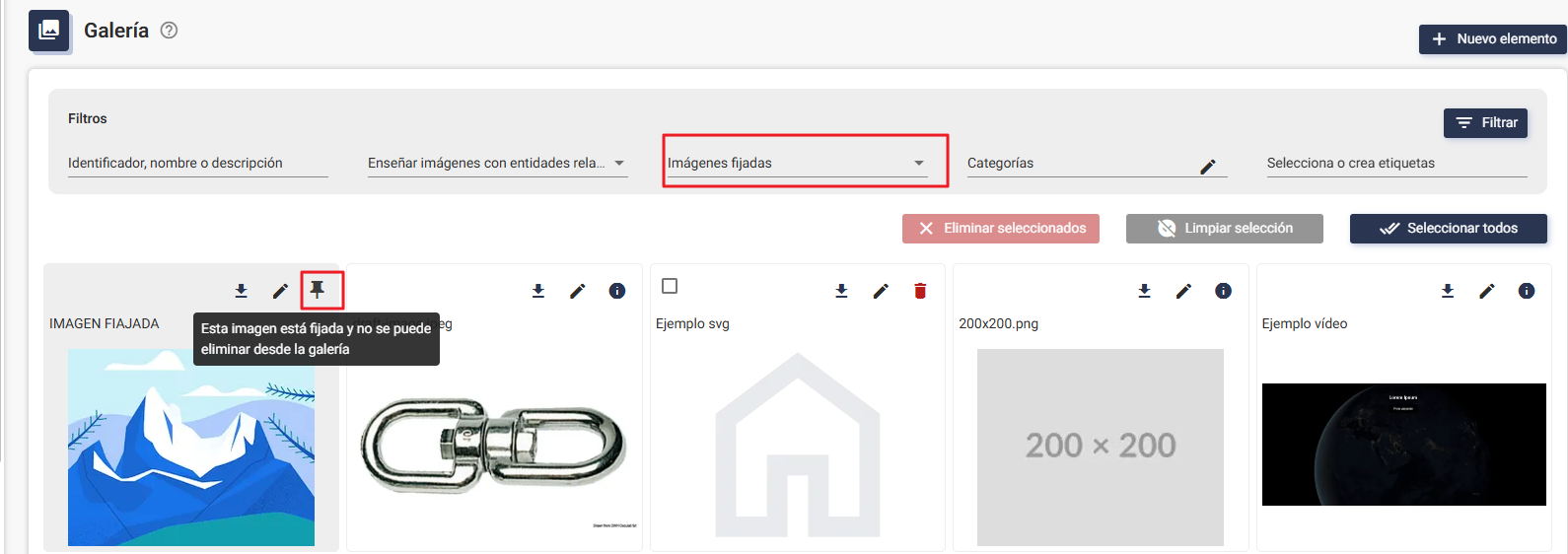 Listado de imágenes con filtro de fijadas en Plugcore 2.17.0 Listado de imágenes fijadas en Plugcore