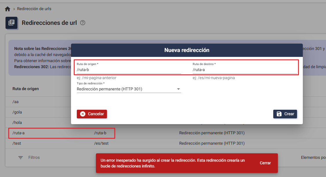 Mensaje de error al intentar crear una redirección en bucle en Plugcore