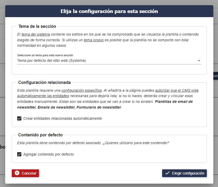 Vista del panel de configuración de secciones en Plugcore