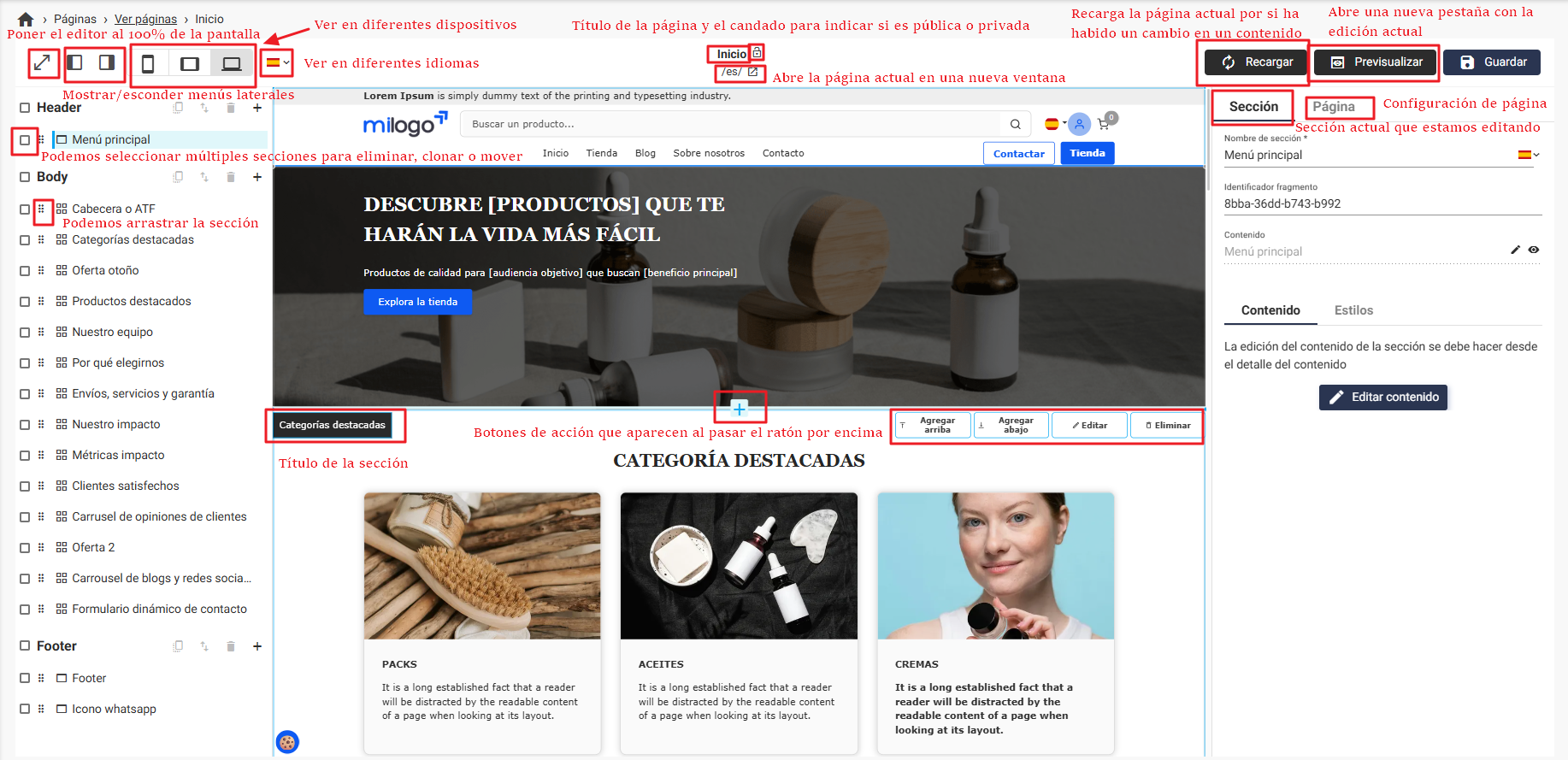 Vista del Site Builder de Plugcore con mejoras en SEO y metadatos automáticos