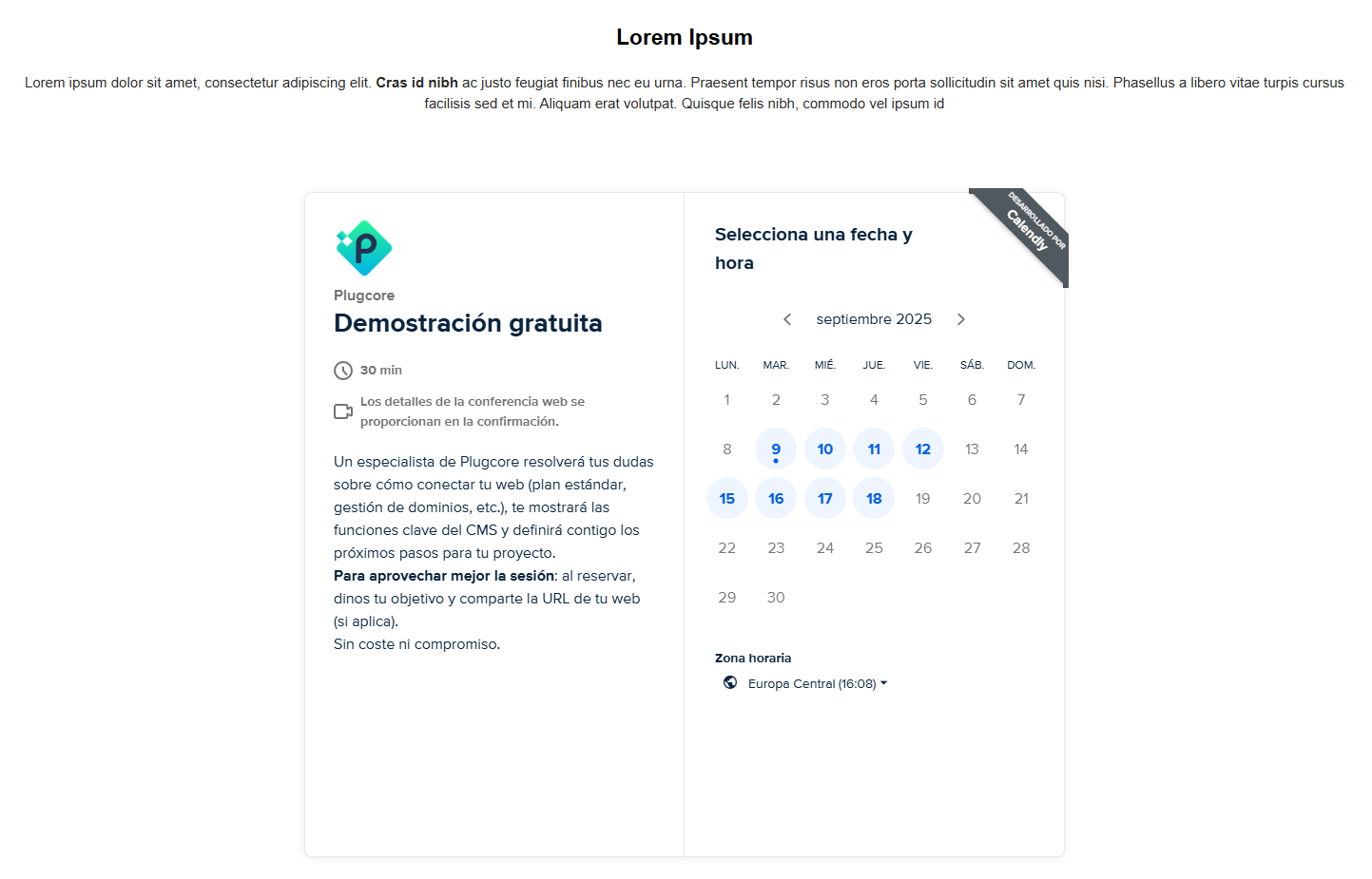 Ejemplo visual de cómo se muestra la integración de Calendly en un sitio web creado con Plugcore