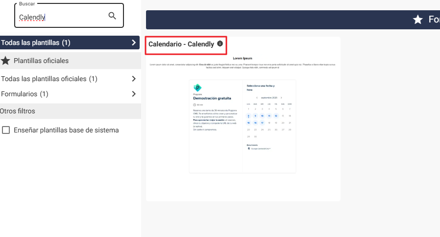 Vista de la nueva plantilla para integrar Calendly en tu web con Plugcore