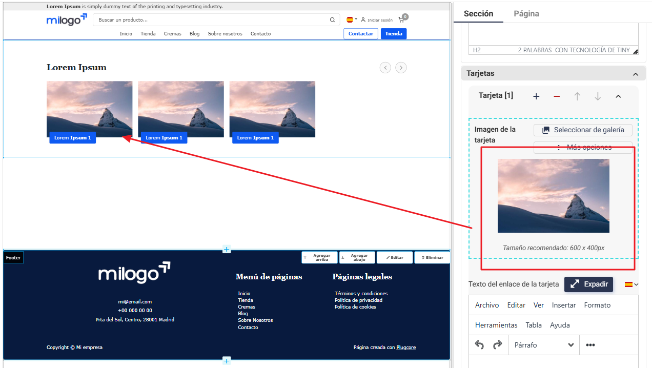 Funcionalidad de vista previa de imágenes antes de subirlas al Site Builder de Plugcore