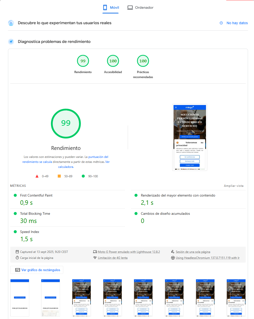 Resultados de PageSpeed Insights para un sitio web de negocios y servicios profesionales creado con Plugcore