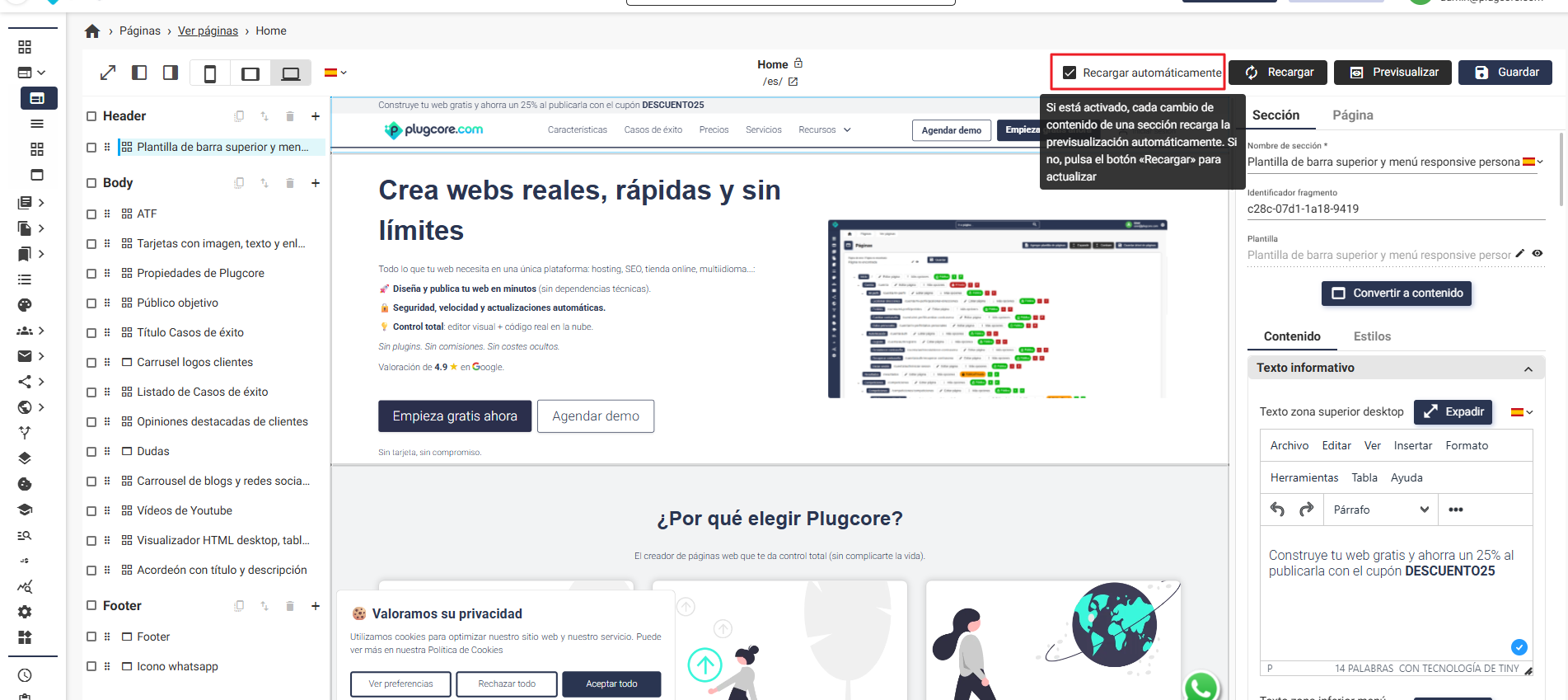 Vista de la nueva opción 'Recargar automáticamente' en el editor de páginas de Plugcore