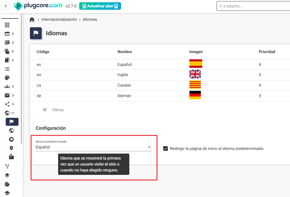 Interfaz de configuración del idioma predeterminado y redirección automática en Plugcore