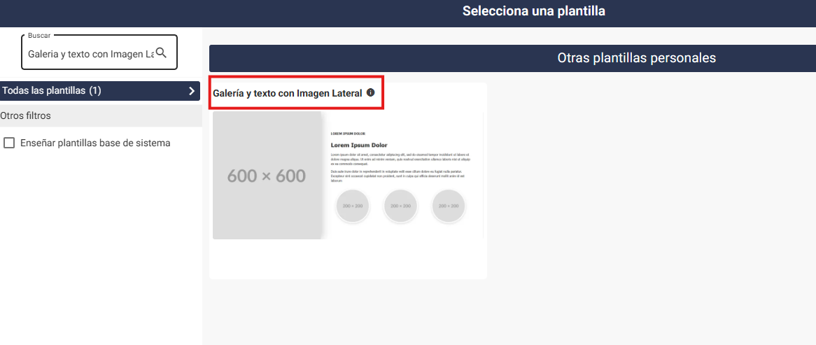 Vista del proceso para añadir la plantilla 'Galería y texto con Imagen Lateral' en el editor de Plugcore