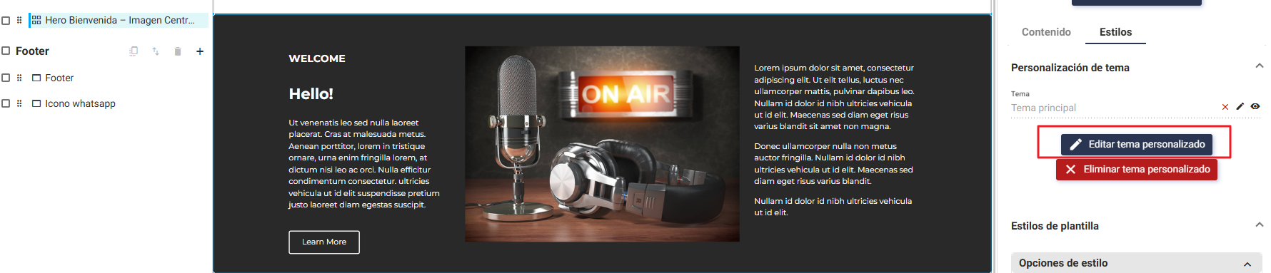 Ejemplo de tema personalizado en una plantilla generada con el agente de ChatGPT Ejemplo de tema personalizado en la plantilla generada